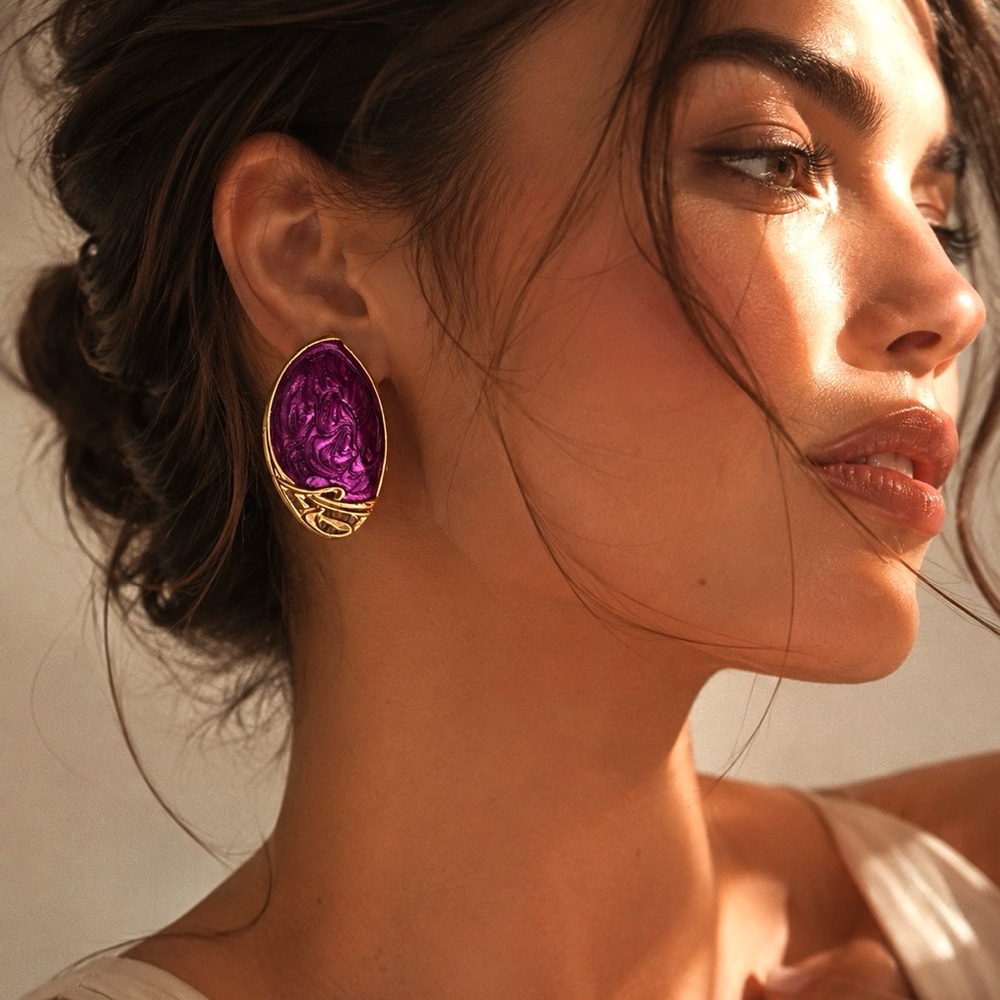 Vintage Gold Tone Teardrop Earrings with Plum Swirl Detail